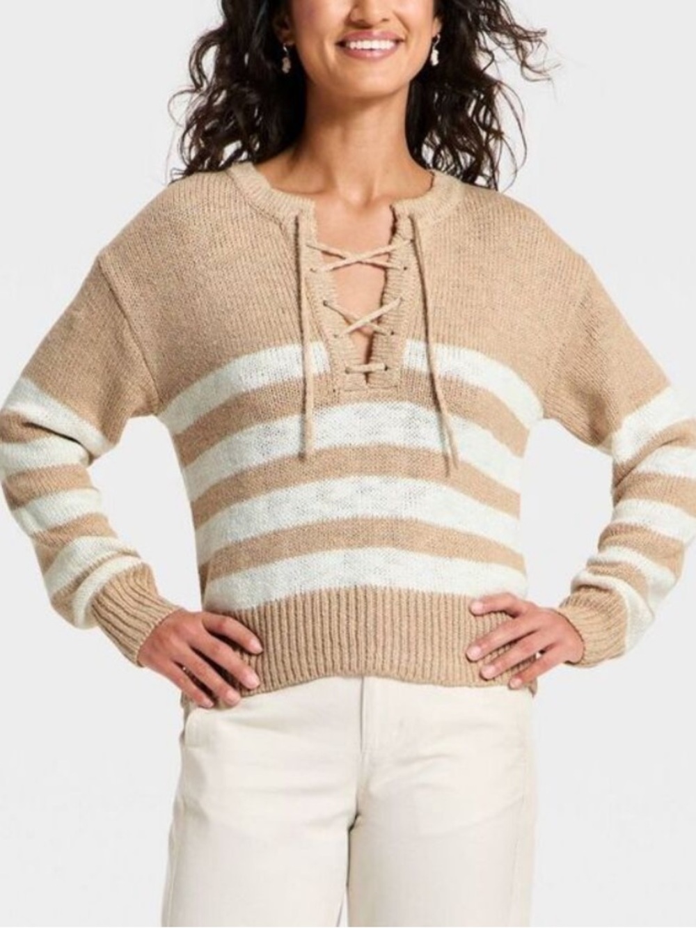 Oatmeal Striped Lace Up Crewneck Pullover Sweater - Universal Thread -NWT